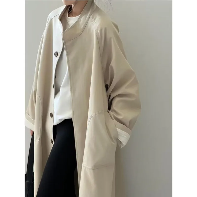 Fraya Lab Nowy Modny Casualowy Płaszcz Trencz z Stójką Damski Wiosenny Casualowy Płaszcz Trencz z Wykładanym Kołnierzem Zapinany na Guziki