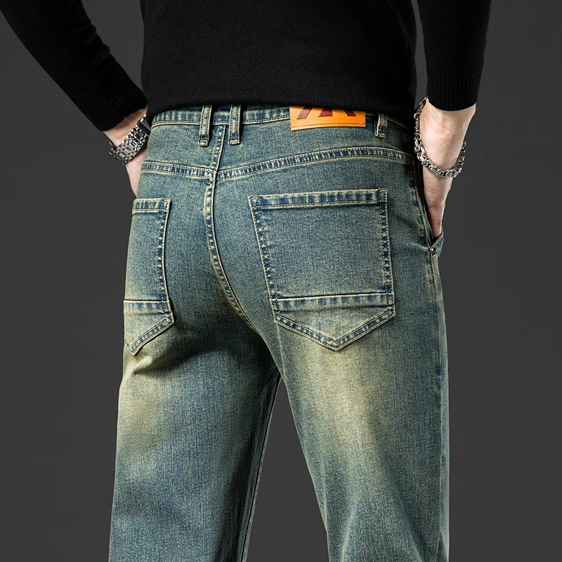 Men\'s Vintage Stretch Straight Jeans Autumn and Winter New Styles Fashionable Nostalgic Retro Yellow Mud Dyed Jeans for Men