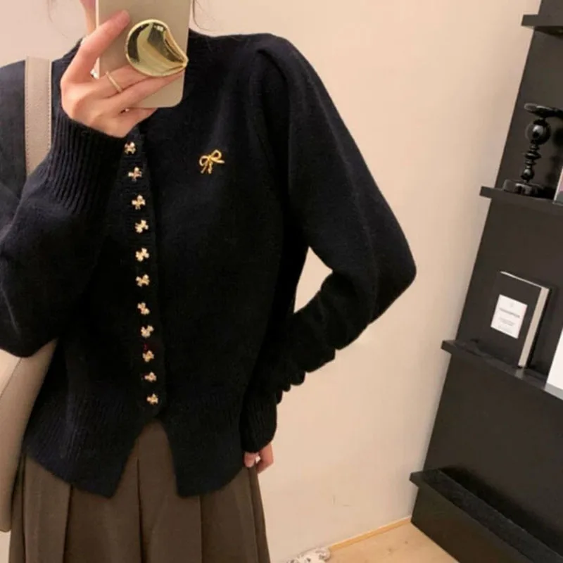 Butterfly Button Red Knitted Cardigan Women\'s Spring Autumn New Korean Style Fit Slimming Sweater Coat New Year\'s Christmas Top