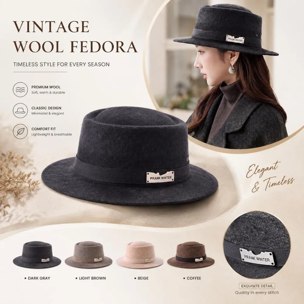 Wool Felt Flat-Top Fedora Hat Structured Crown Wide Brim French Fedora Hat Flat Top Elegant Vintage Style Retro Lady Hat Travel