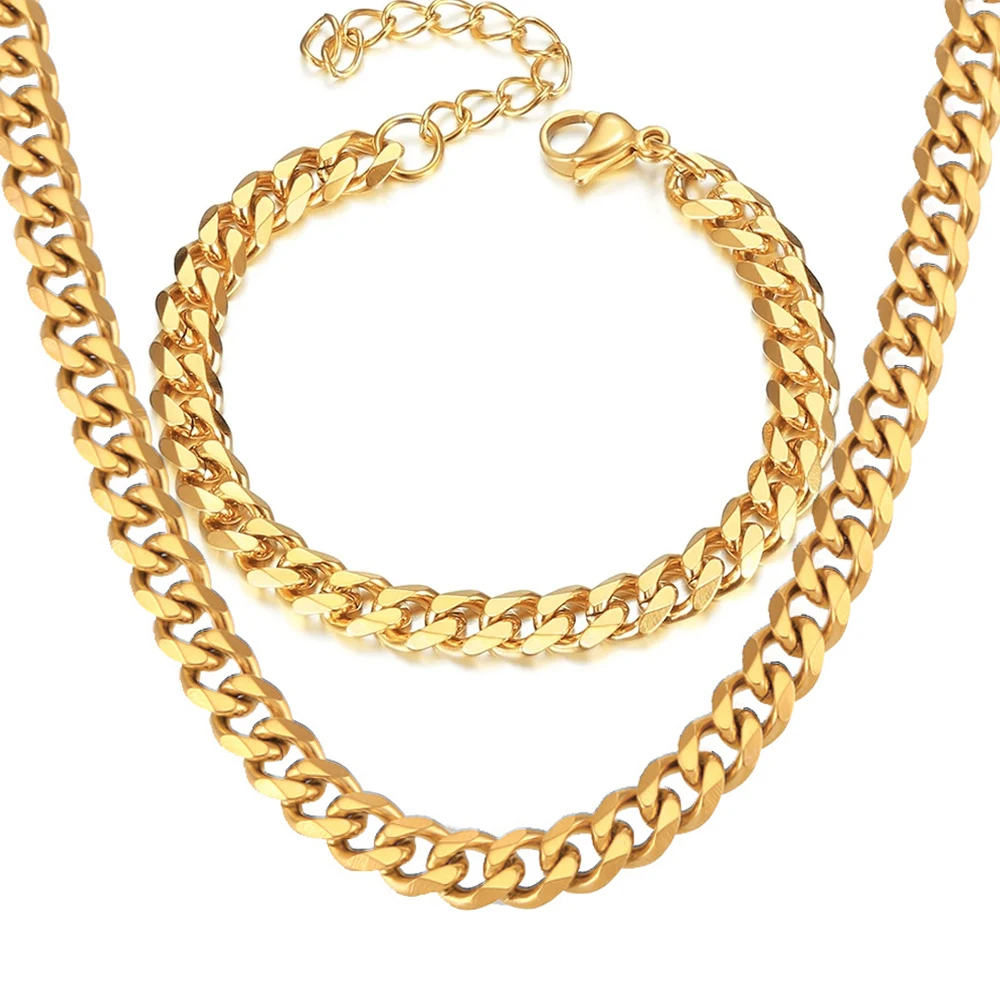 Gold Silver Color Stainless Steel 7mm Cuban Link Chain Bracelets Necklace For Women Men Fashion Party Hip Hop Jewelry Sets Gifts