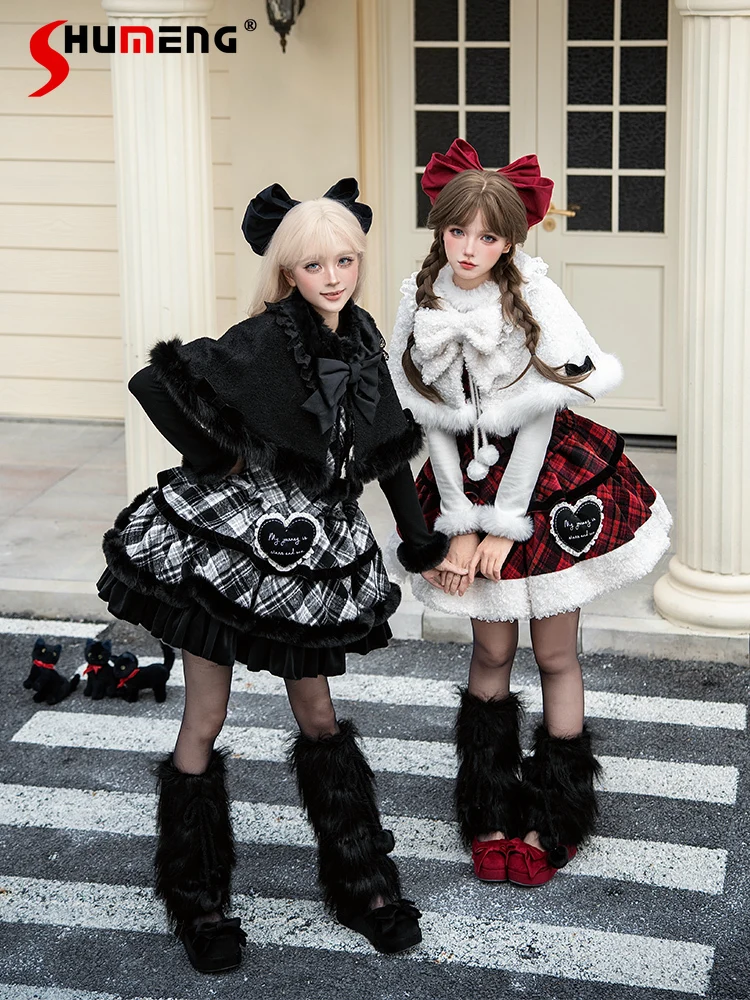 

Original Winter Sweet Lolita Plush Suspenders Dress JSK Cloak Set Christmas Party New Year Sweet Lo Plaid Short Dress Y2K Shawl