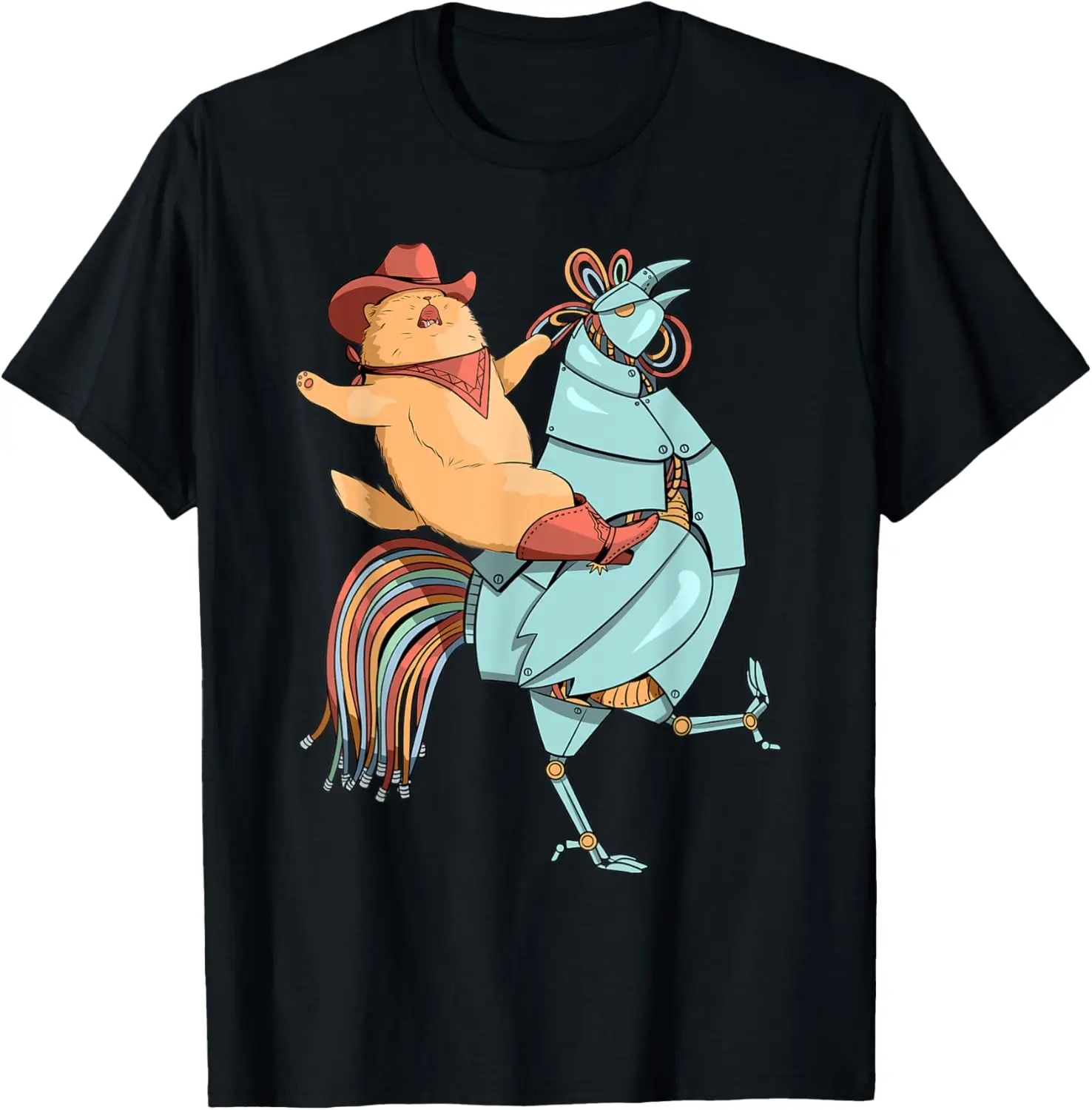 Funny Cat Cowboy Riding Robot Chicken | Western T-Shirt