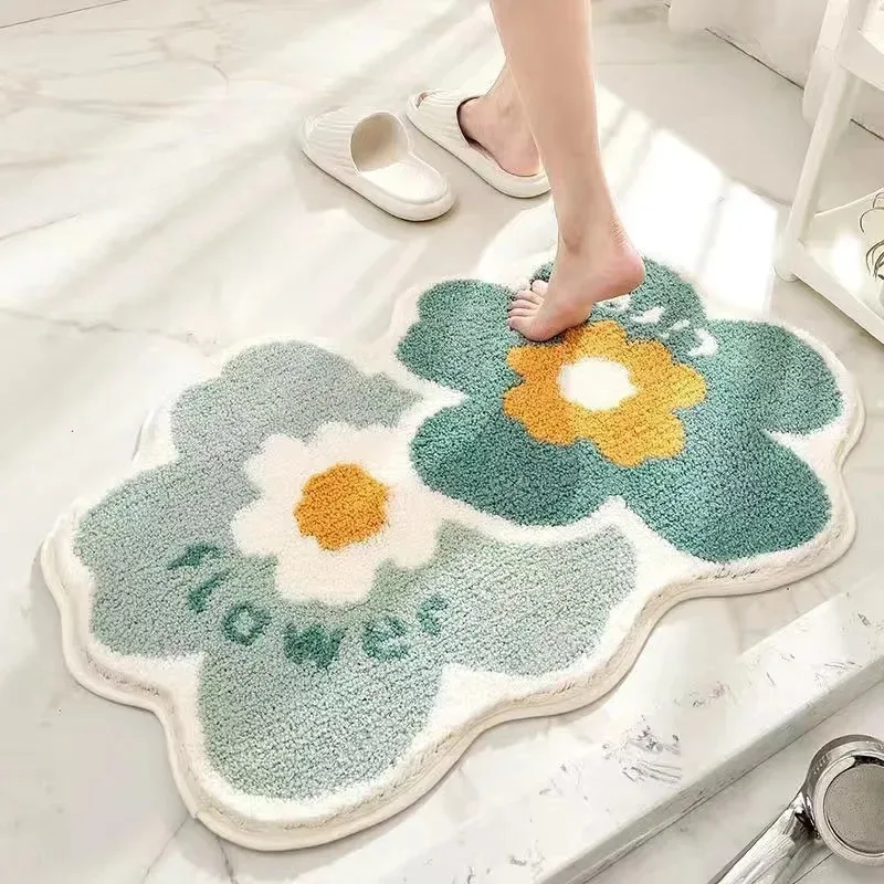 VIKAMA Badezimmerteppich mit frischen Blumen, plüschig, saugfähig, rutschfest, Bodenmatte, Schlafzimmer, Nachttisch, niedliche Fußmatte, Heimdekoration