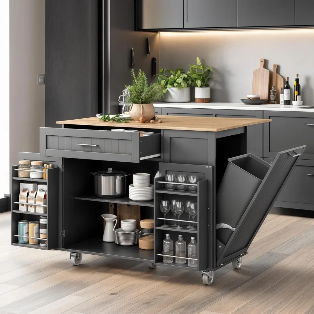 

43.3 Rolling Kitchen Island Cart with Drop Leaf & Storage, Mobile Kitchen Organizer with Wheels, Rubberwood Top, Trash Bin