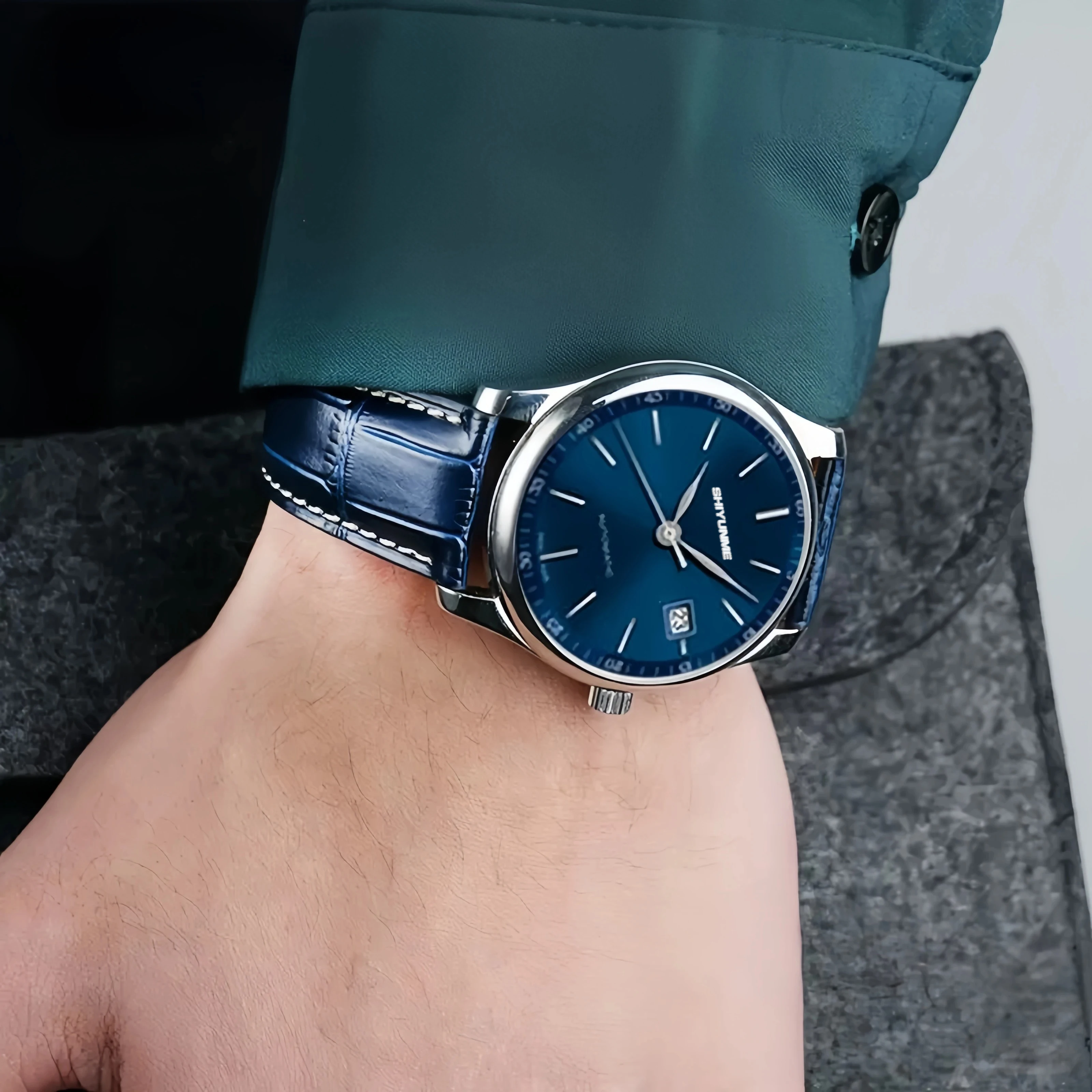 Moda relógio mecânico automático masculino artesão calendário esporte relógio preto azul couro