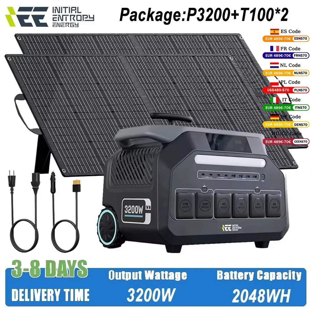 IEE P3200 Outdoor-Stromerzeuger 3200W MPPT Tragbare Powerstation mit APP-Steuerung und 2x100W Solarpanels für Wohnmobile, Camping und Zuhause