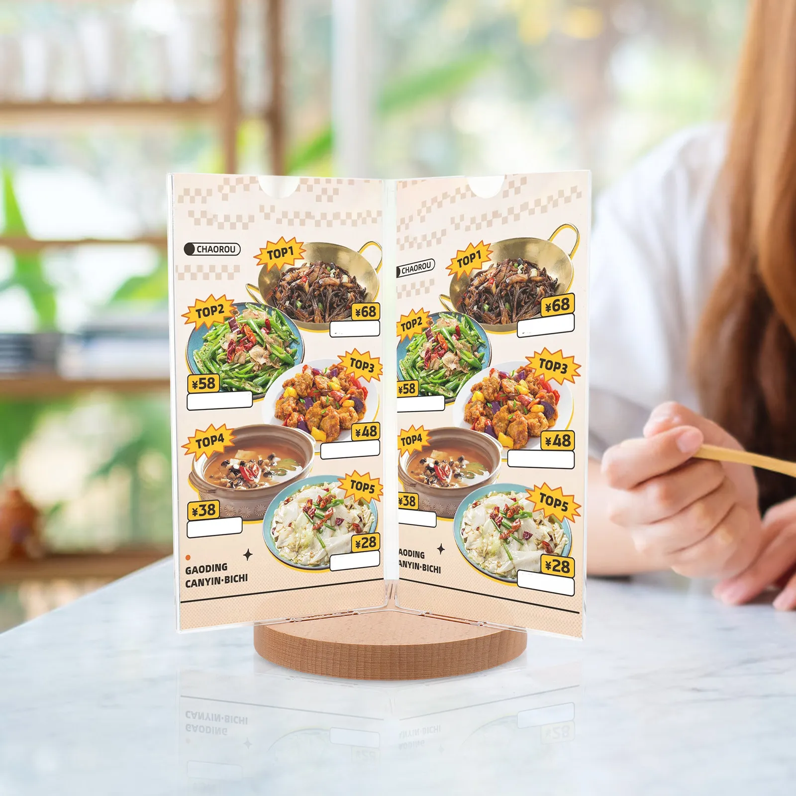 Rotary Menu Stand Acrylic Six-Side Rotatable Desktop Display Stand Stable Base Menu Holder for Restaurant Trade Show Exhibition