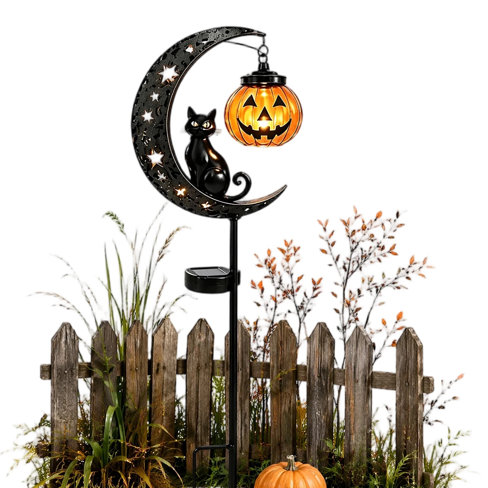 Iron Black Cat Moon Ground Lamp with Auto On/Off Solar-Powered Garden Light Moons Cats Solars Pathway Lamps for Yard/Patio Decor