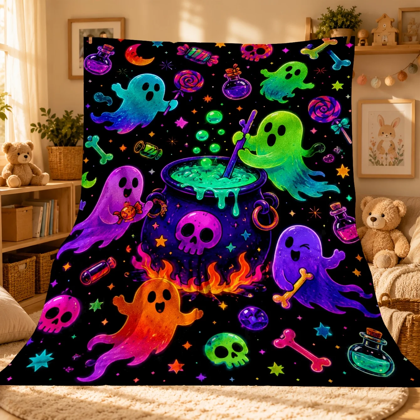 Neon Halloween Throw Blanket Ghost Cauldron Skull Candy Art Print Soft Flannel for Kids Room Sofa Lap Holiday Theme Decor Gift