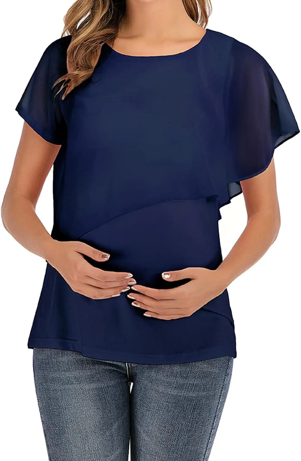 Women's Summer Maternity Nursing Tops Ruffle Short Sleeve Breastfeeding Top T-Shirt Double Layer Pregnancy Shirts Blouse