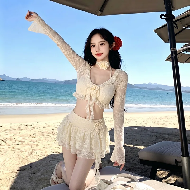 Swimsuit Women 2026 New Pure Desire Bikini Lace Split Long Sleeved Sunscreen Slimming Gathering Hot Spring Vacation Skirt Style