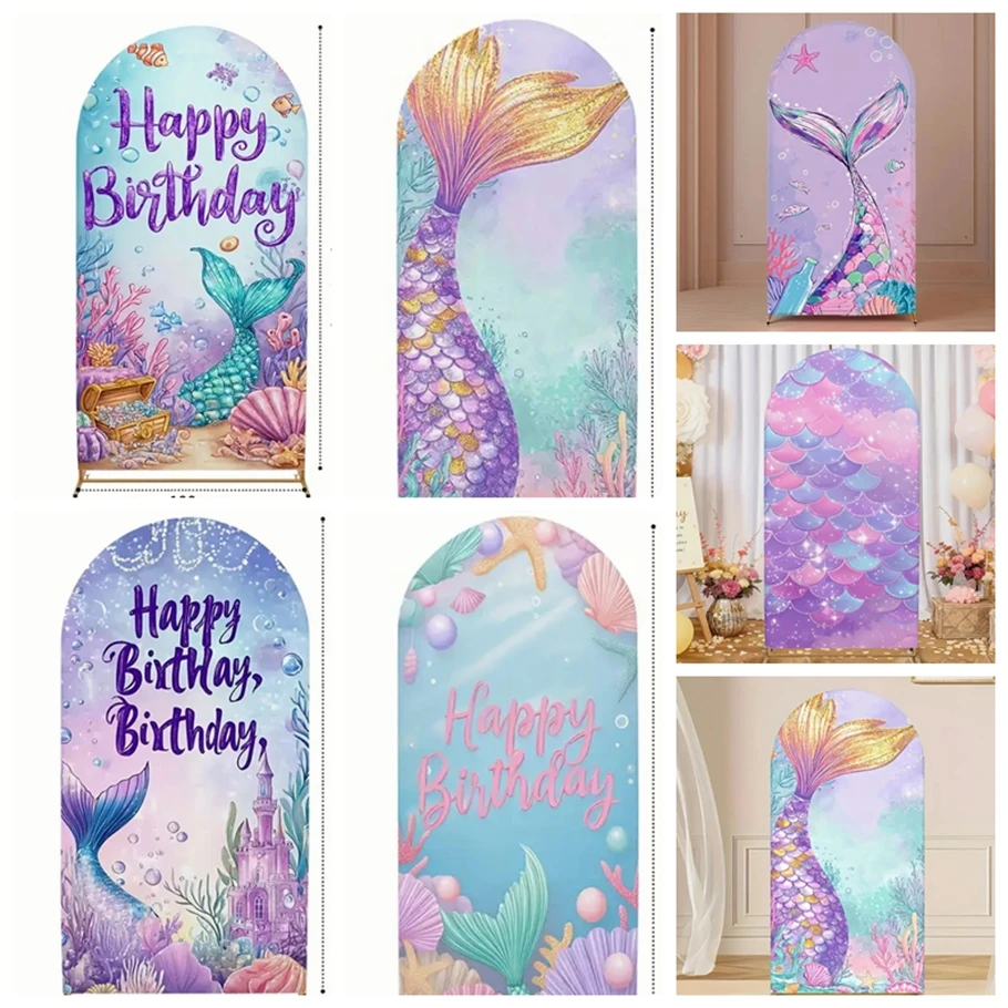 

Mermaid Theme Arched Background Cloth Fantasy Ocean Style Glittering Gold Scale Decoration Girl Birthday Photo Scene Layout Prop