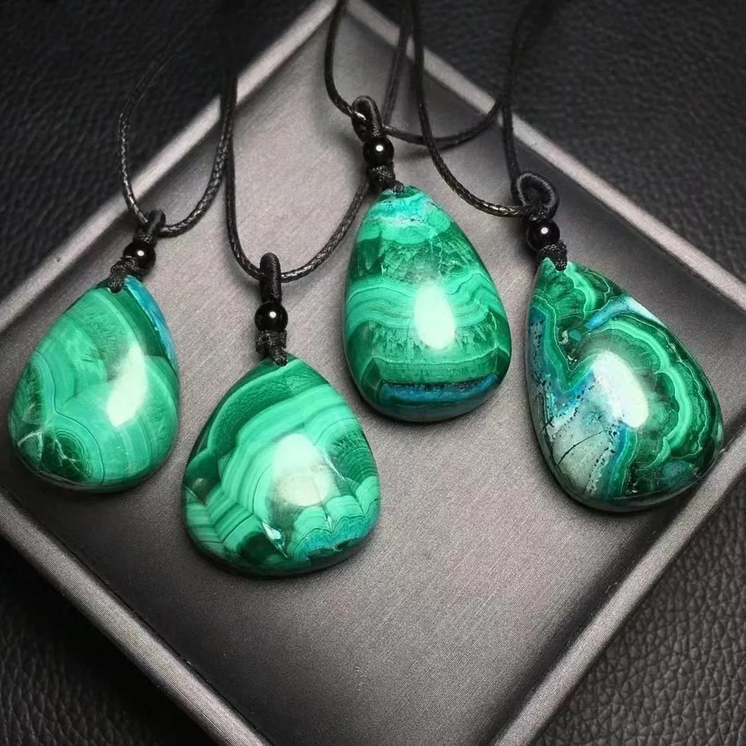 Unit One Piece Natural Malachite Crystal Gemstone Teardrop Pendant With Leather Rope