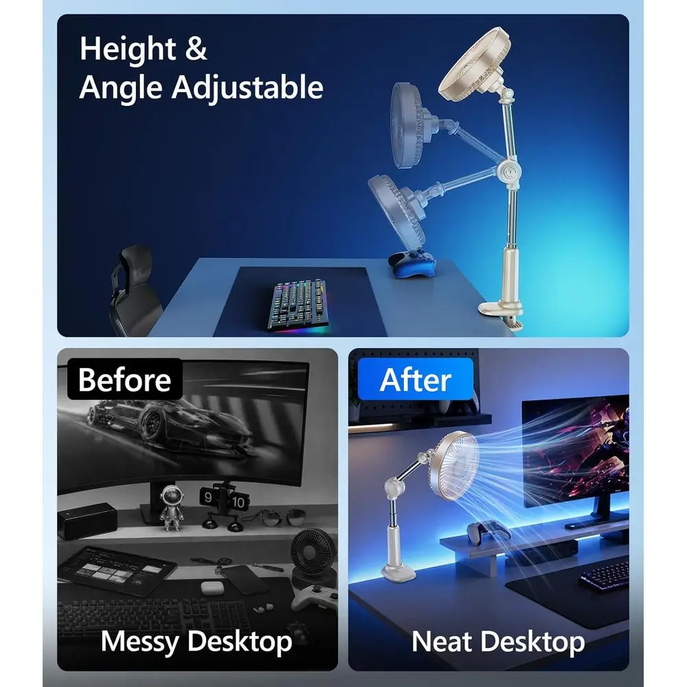 Adjustable Arm Clip on Desk, 3 Speed Ultra Flexible Adjustable Design Clip with 3.5 Wide Clamp, 3000mAh Battery Operated Quiet P