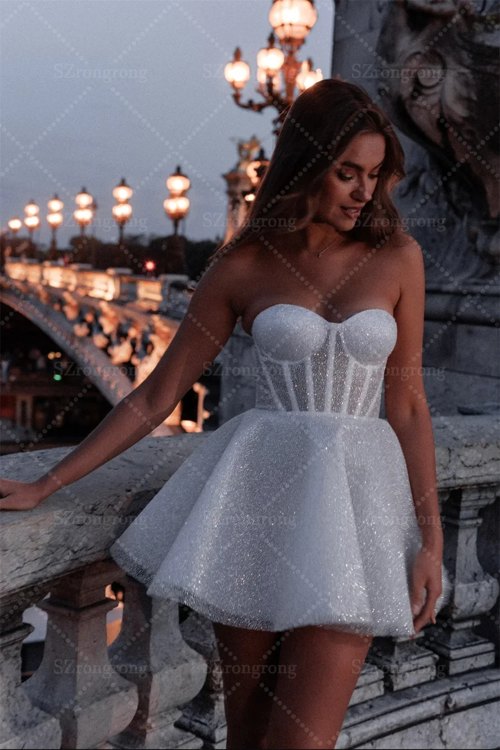 Boho Sweetheart Collar Sequins Shiny High Quality Wedding Gown Short Mini Puffy Bridal Dress Custom Made Vestidos de novai