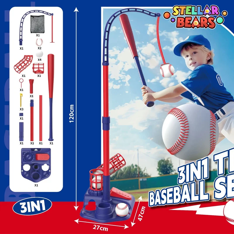 

3 IN 1 Kids Baseball Toy Set with Hanging Ball Stand Auto Launcher Outdoor Sports Toy Children's Baseball Catapult Training Toys