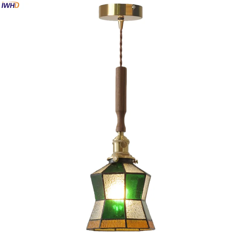

IWHD Tiffany Style LED Pendant Lights Dining Room Bedside Living Room Decor Copper Vintage Glass Hanging Lamp Lighting Luminaria