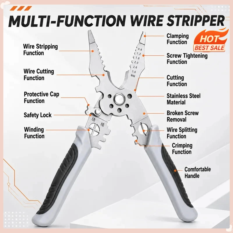 Stainless Steel Electrical Pliers 8.5 Inch, Ergonomic Grip Wire Stripper Cutter, Heavy Duty Crimper for Industrial Wiring Use