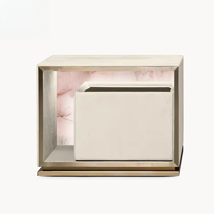 ys-Luxury Modern Nightstand with Metal Frame, Leather Finish and Closed Storage Combination, High-End Minimalist Bedside Table-