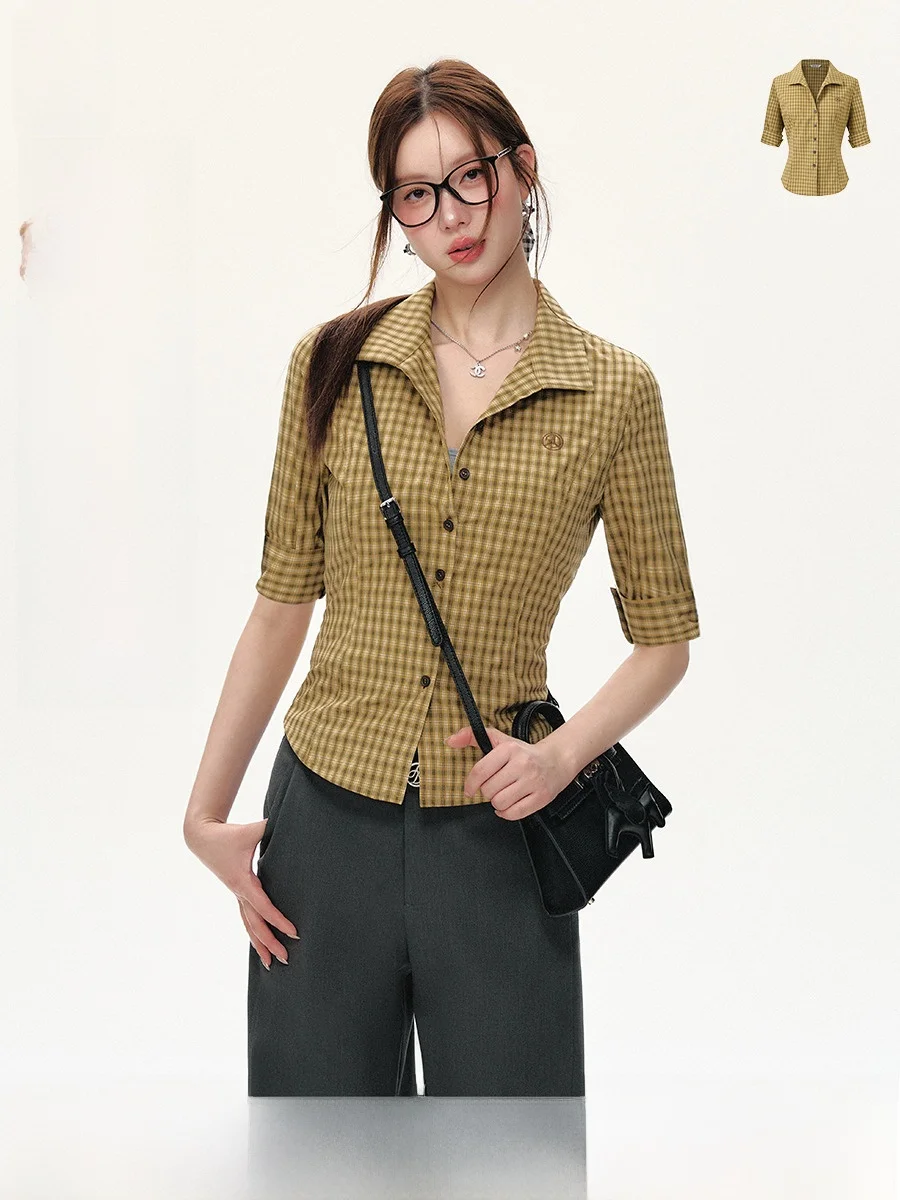 

Slim Fit Plaid irt Women's Waist-Cinching Midi Sve Cardigan Inner Wear Casual Busin Sle Button Detail Regular Length