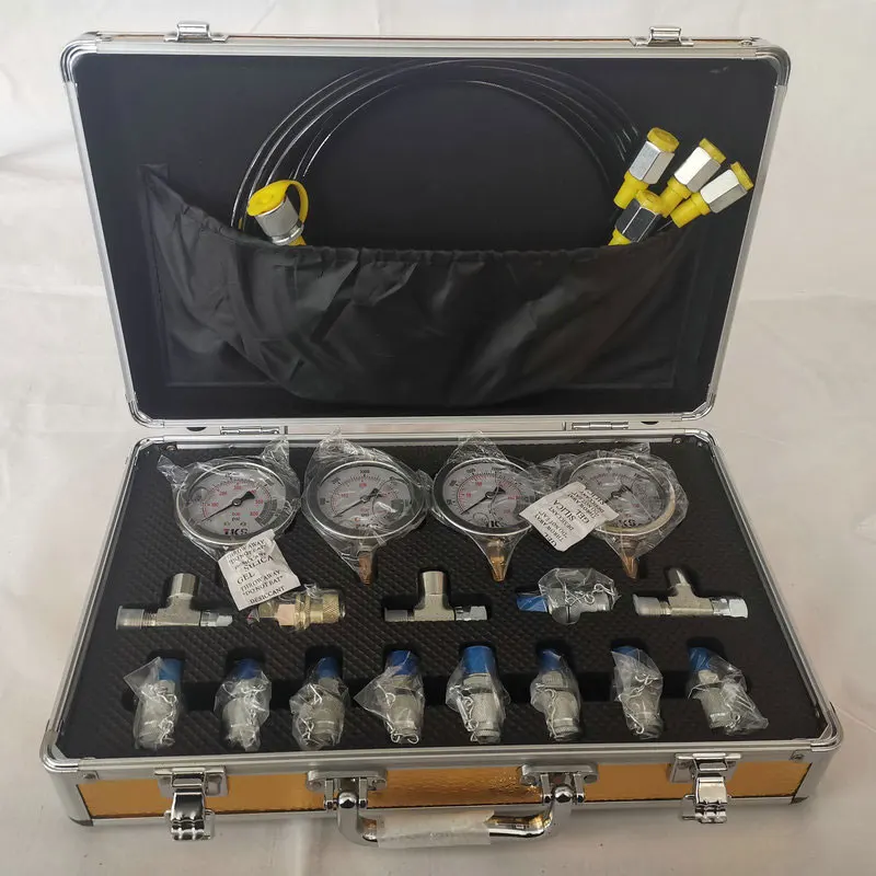 0–60MPa Excavator Hydraulic Pressure Gauge Test Kit 4 Gauges 4 Hoses 10 Test Couplings 4 T-junctions Storage Box