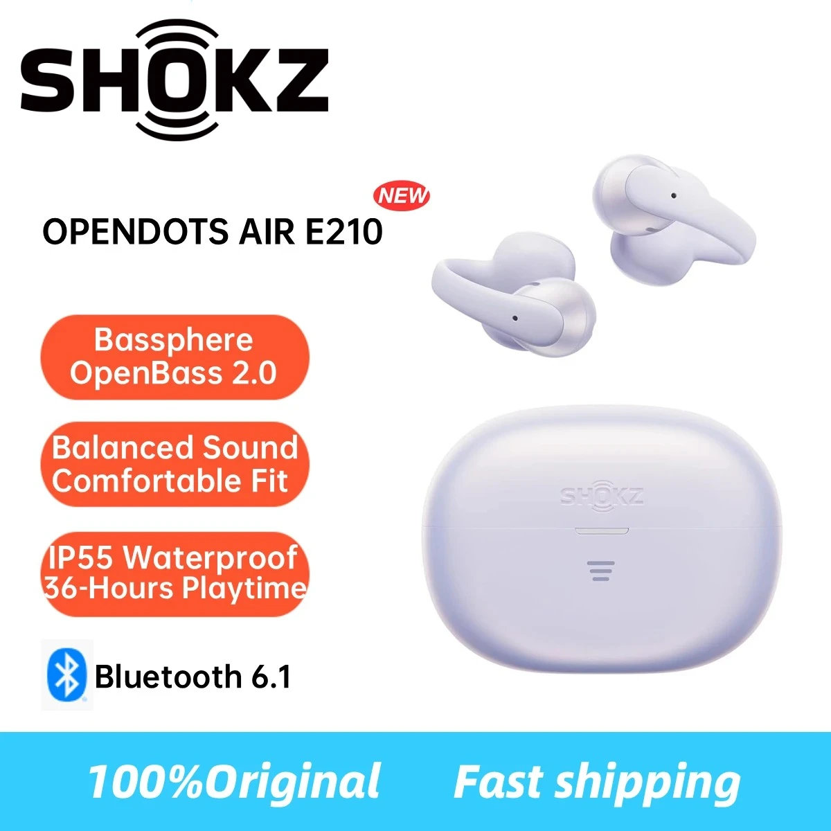 SHOKZ OpenDots Air E210 Open-Ear Headphones Clip-On Earphones Wireless Bluetooth 6.1 Balanced Sound Secure Comfort Fit IP55
