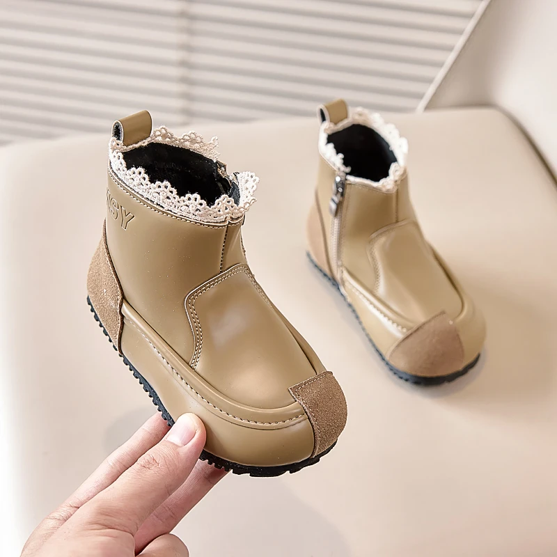 Girls Flat Heeled Low Cut Boots Lace Side Zipper Waterproof Non Slip and Wear-resistant Winter Microfiber Leather Fashion Boots