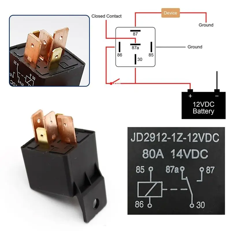 Compatible Car Relay with Harness, 5Pin 80A Relay On/Off Normally Open SPDT Relay Socket Plug JD2912-1Z-12VDC 80A 14VDC