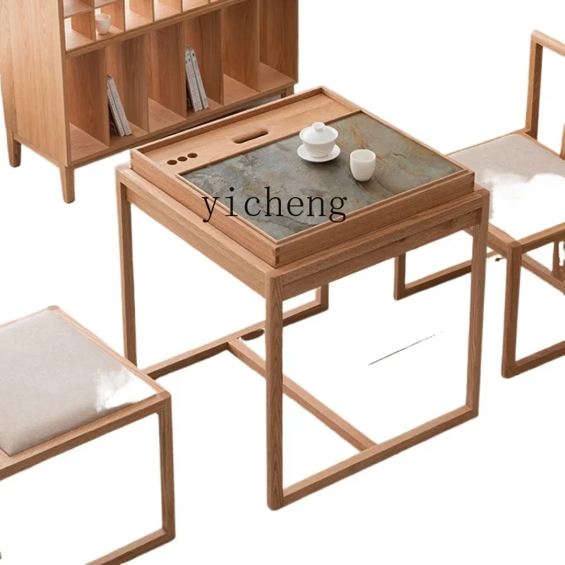 

Square Balcony Tea Table Small Two-Person Red Oak Solid Wood Multi-Functional Tea Table