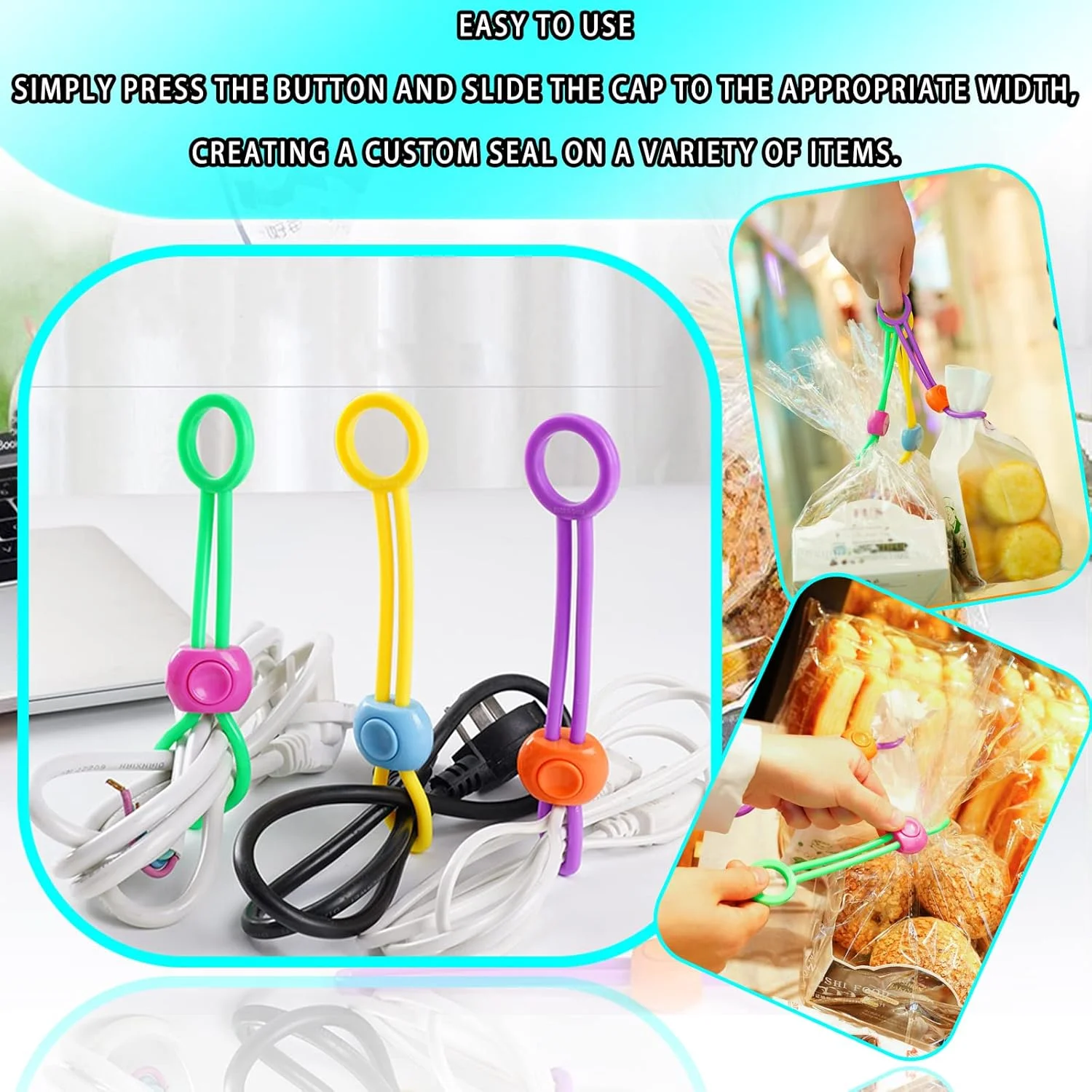 Sigillante multiuso Fascette riutilizzabili Fascette sigillanti staccabili Organizzatore di cavi per sacchetti alimentari Organizzazione di fili (12)