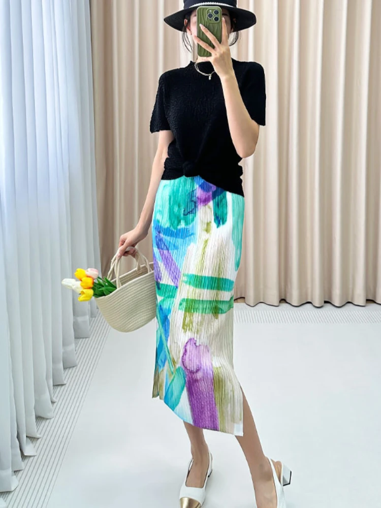 Miyake Women Pleated Ink Print Folds Skirt 2024 Ladies Vintage Elastic High-waisted Midi Skirt Female Green Print Long Skirt