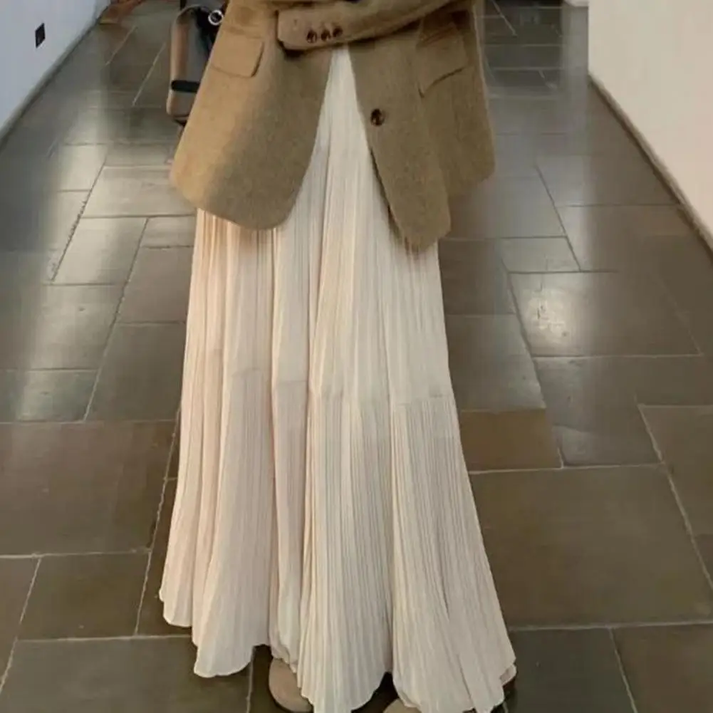 Women Maxi Skirt Elastic High Waist Flowy Hem Long Skirt Solid Color Splicing Slimming Skirt Ie-strap Spliced Flared Daily
