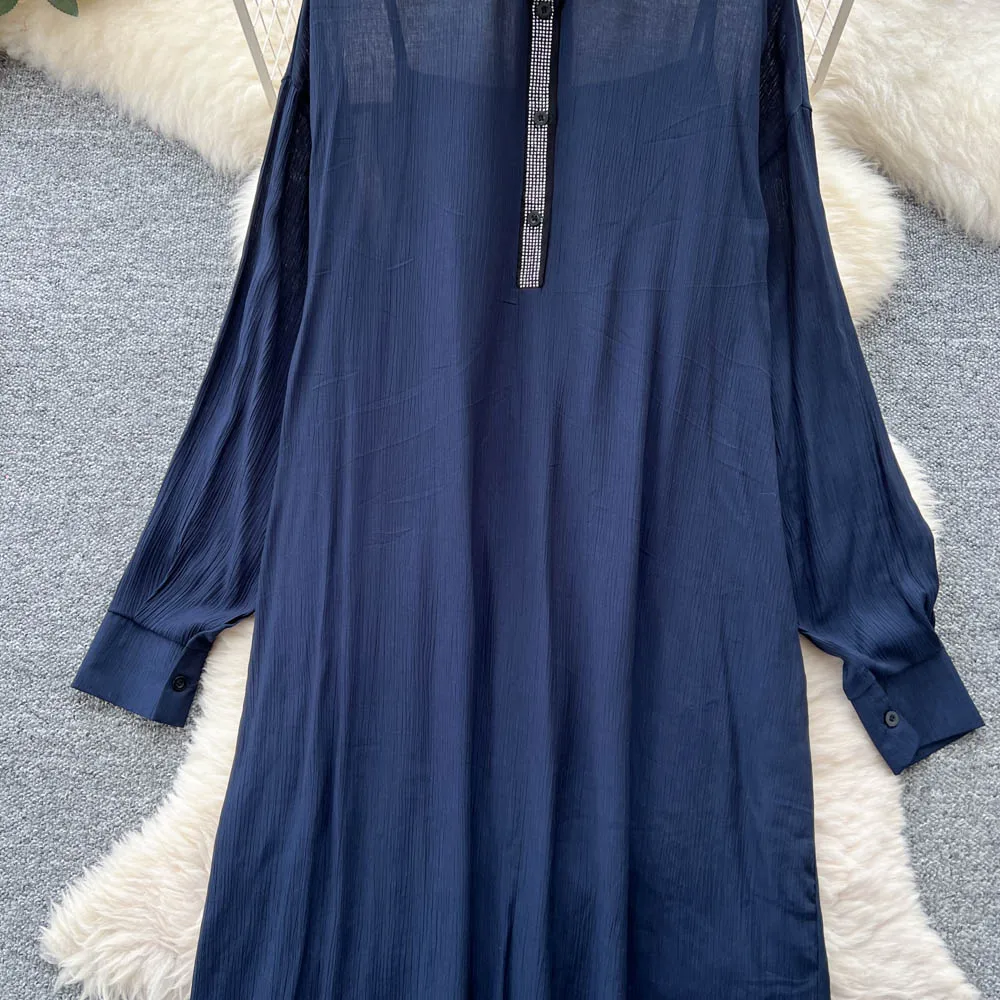 Chic vintage Polo-Neck long sleeve rhinestone solid Elegant Fairy korean fashion Boho Sundress women clothing Long dress