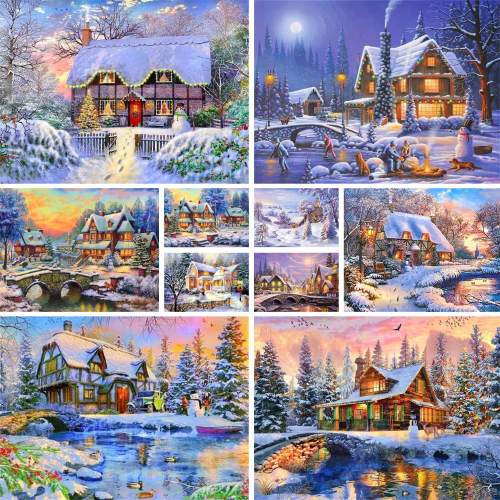 Landscape Winter House Printed Fabric 11CT Cross-Stitch DIY Embroidery Set Hobby Handicraft Sewing Handmade Mulina Magic Needle