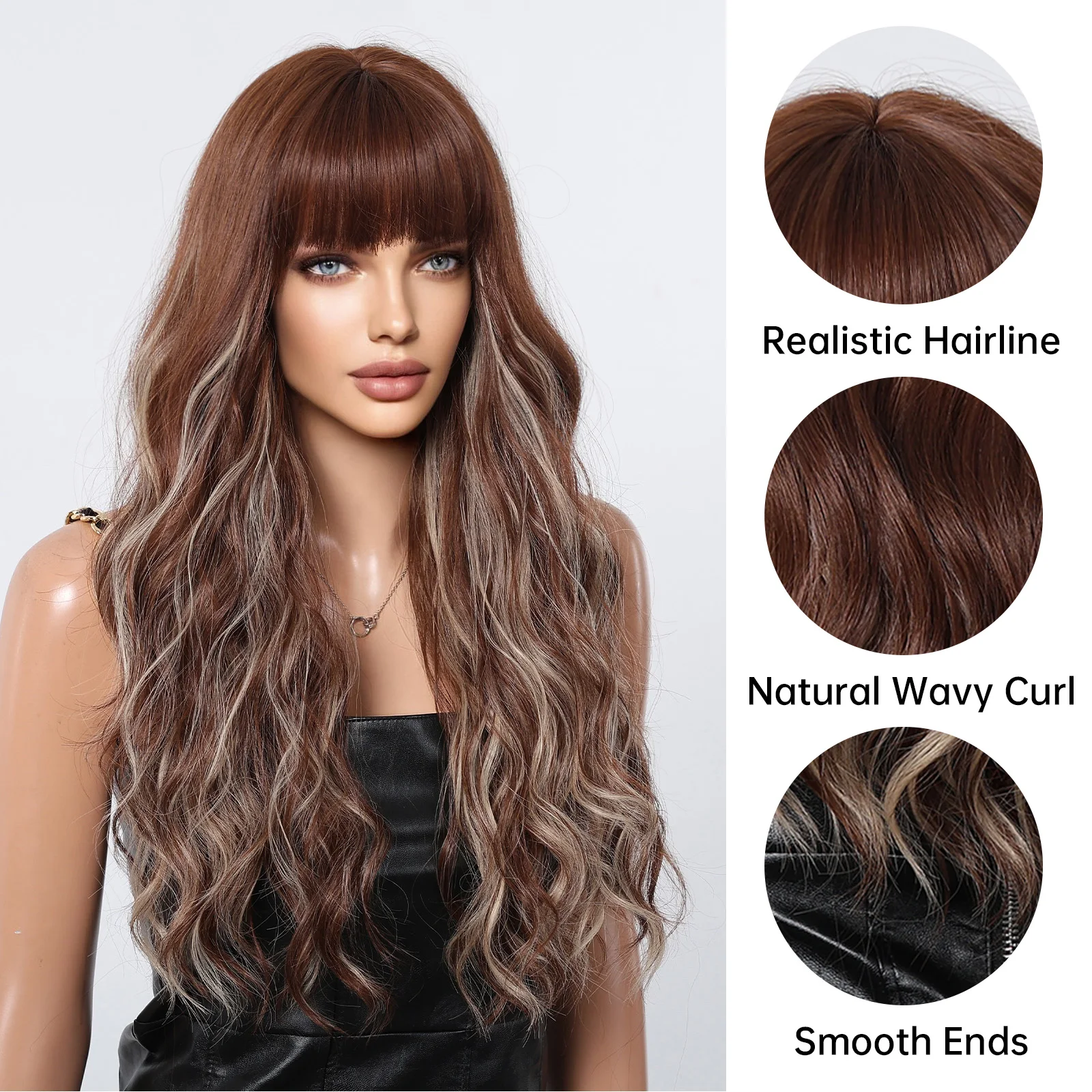 شعر مستعار طويل بني طبيعي كبير مموج مع غرة أشقر يسلط الضوء على شعر مستعار مموج للنساء شعر مستعار اصطناعي يومي بدرجة حرارة عالية #4