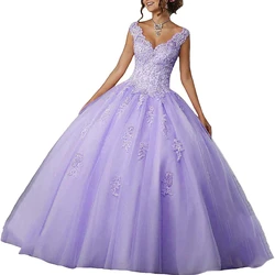 CharmingBridal V-Neck Ball Gown Prom Dress Beaded Lace Quinceanera Dresses Lavender Pink Plus Size Sweet 16 Dress Vestido15 Años