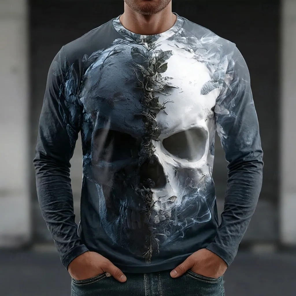 Men's Long Sleeve T-Shirt 3D Split Skull Vine Leaf Smoke Print Crew Neck Gothic Halloween Casual Tops