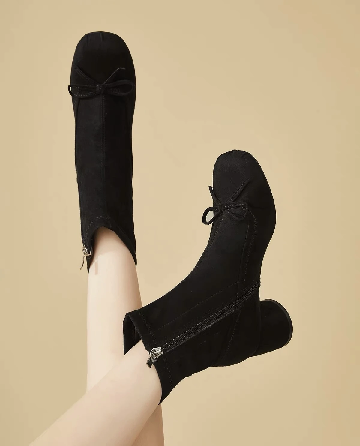 Women Bowknot Sock Ankle Boots Faux Suede Round Toe Block Chunky Mid Heel Side Zipper Elegant Fall Winter Fashion Casual Booties