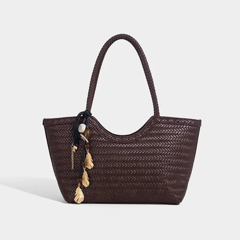 

Woven Handbag Women Handwoven Leather Vegetable Basket Tote Bag Large Capacity Shopping Shoulder Bag Luxury Casual Underarm Bag