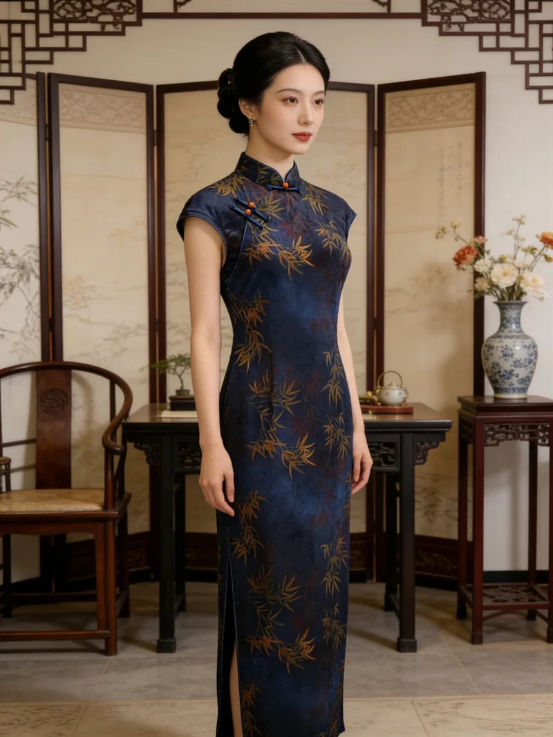 

Ретро-платье из бархата с бамбуковым узором, с длинными рукавами, короткое, в китайском традиционном стиле, приталенное, модное, весна-лето