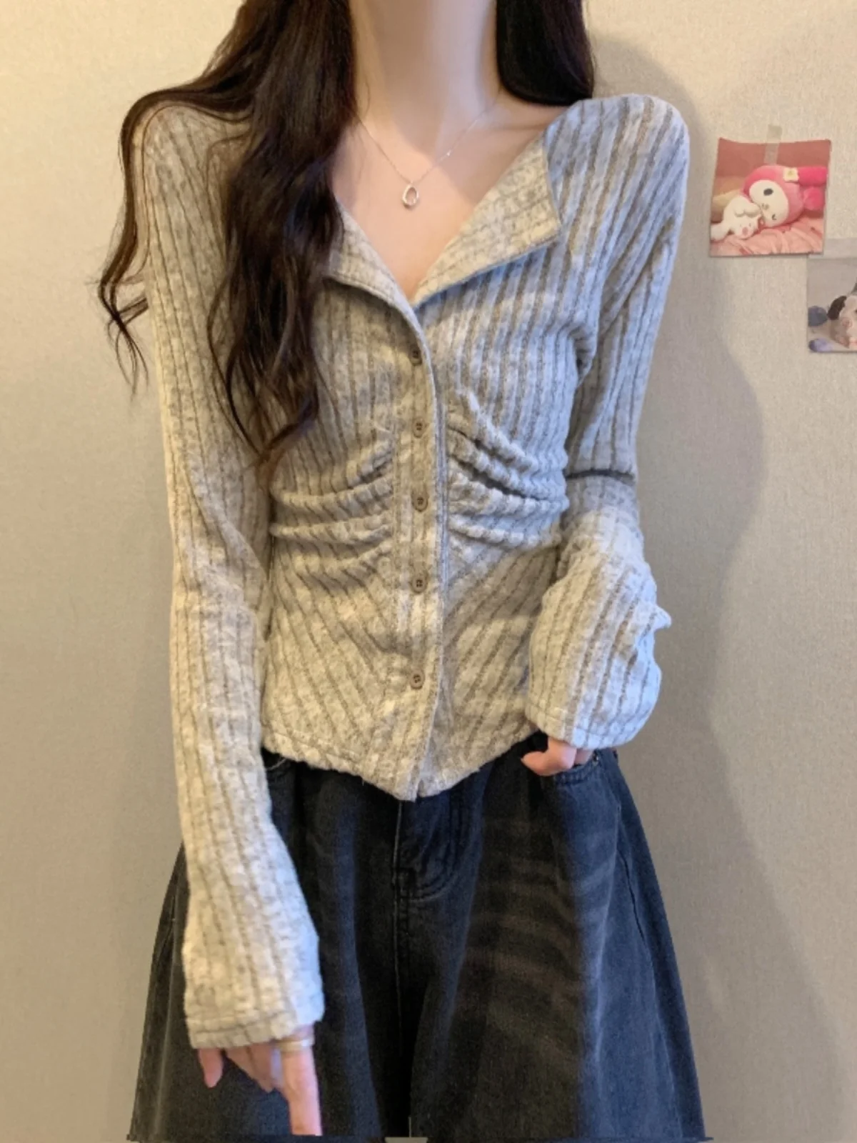 Women's Knitted Base Layer Top Half Open Collar Long Sleeve Waist Cinched Short Folded Spring Autumn High Grade Small Shirt