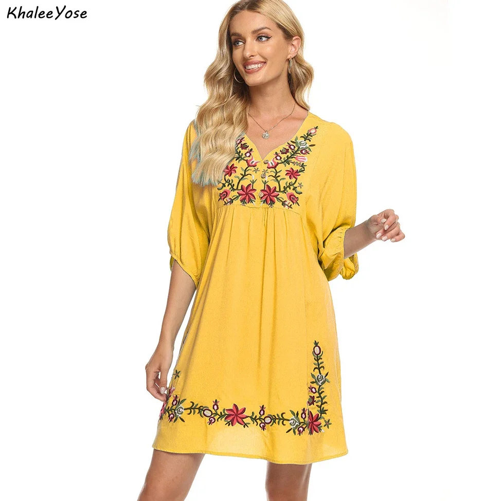 Khalee Yose Floral Embroidery Mini Dress Summer Holiday Loose Women Dresses Cotton Casual Chic Hippie Sexy Boho Ladies Dresses