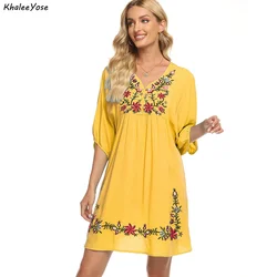 Khalee Yose Floral Embroidery Mini Dress Summer Holiday Loose Women Dresses Cotton Casual Chic Hippie Sexy Boho Ladies Dresses