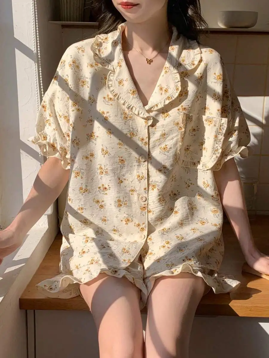 

Womens Floral Print Ruffled Collar Short Sleeve Pajama Set Casual Homewear Spring Summer