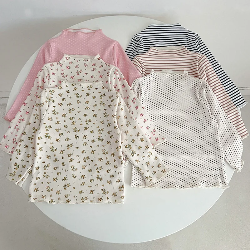 Autumn Girl Baby Floral Dot Long Sleeves Bottoming Shirt Children Ribbed Ruffle Thin T-shirt Kid Cotton Solid Thin Casual Tees