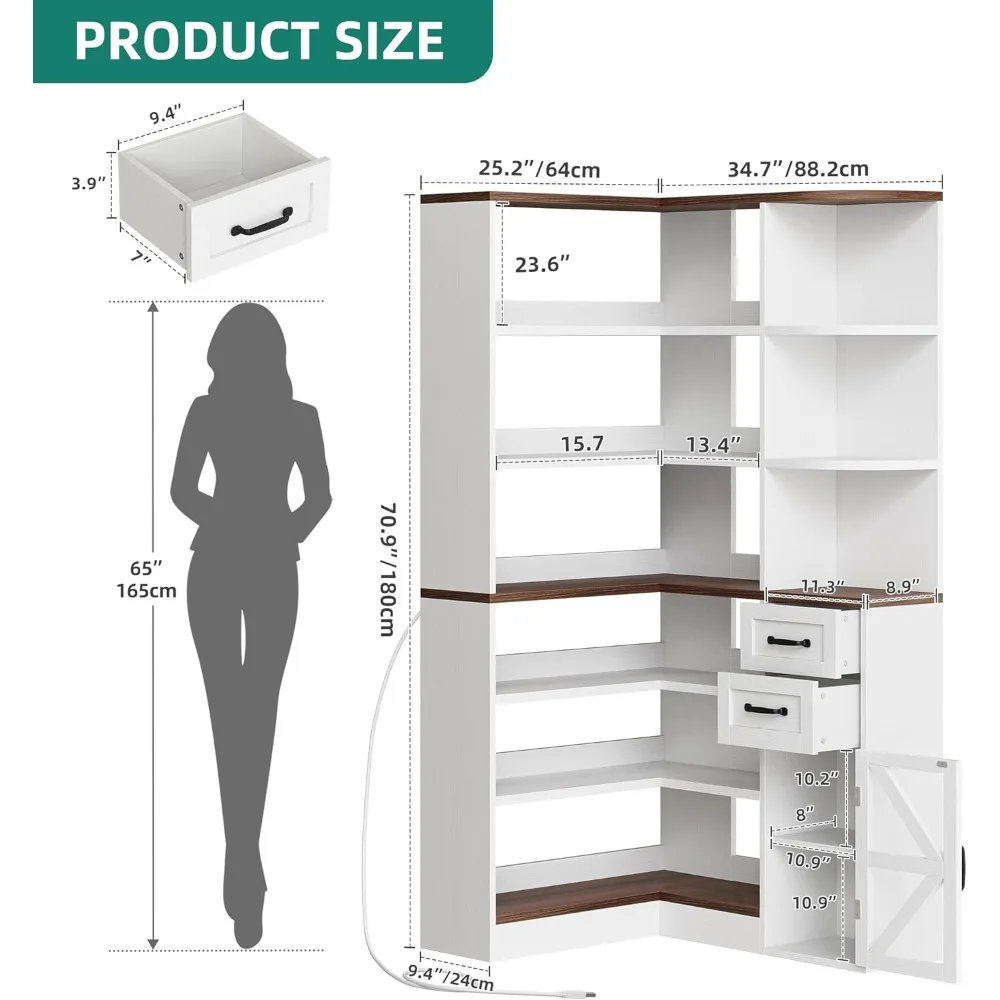 رف كتب زاوية مع مساحة تخزين، رف كتب من 6 طبقات للمزرعة مع أدراج وخزائن، خزانة كتب على شكل حرف L وأضواء LED وشاشة زاوية #3