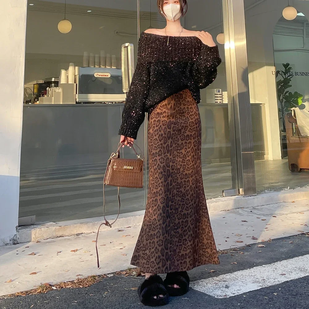 2024 New Autumn Winter Women High Waist Slim Long Skirt High Quality Elegant Vintage Leopard Print Mermaid Hem Woolen Skirt