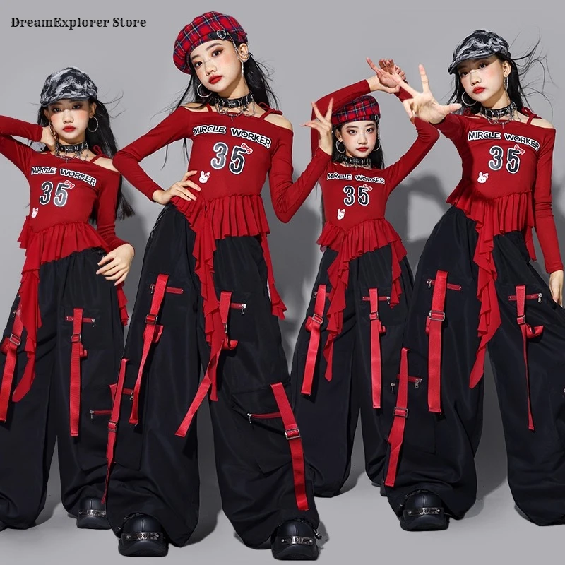 Girls K-pop Fashion Off Shoulder Crop Top ‌Cargo Pants Kids Hip Hop Streetwear Costume Children Teen Jazz Girl Group Clothes Set
