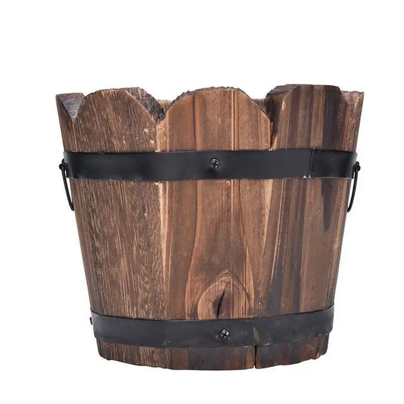 Carbonized Wooden Garden Succulent Plants Flower Pots Outdoor Flower Bucket Home Decoration Round Retro Small Barrels Planter